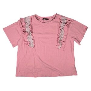 AFTER MARKET Pink Ruffle Front T Shirt Made in USA Cotton Blend Top Size M